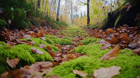 A cycling trail lined with vibrant green moss and fallen leaves.の素材