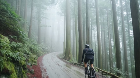 A foggy forest cycling route with towering trees fading into the mist.の素材
