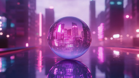A glassy sci-fi orb reflecting a neon-lit futuristic city skyline.の素材