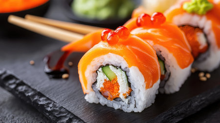 A fresh sushi roll cut diagonally, highlighting its rich texture and ingredients.の素材