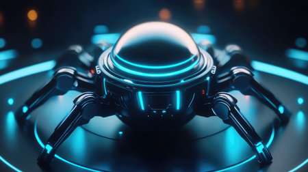 A robotic sphere with mechanical arms and glowing sensors on a futuristic surface.の素材