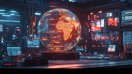 A neon-lit energy sphere surrounded by holographic projections in a sci-fi lab.の素材