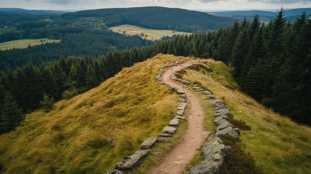 A mountain biking trail leading up to a scenic viewpoint over a dense forest.の素材