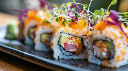 A plate of sushi rolls with vibrant ingredients, garnished with microgreens.の素材