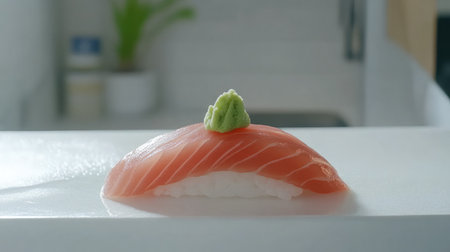 A piece of fresh tuna sashimi with a wasabi garnish on a white surface.の素材