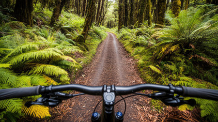 A mountain bike trail leading into the heart of a lush rainforest.の素材