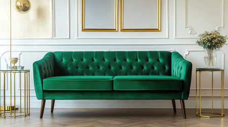 Luxury velvet green sofa in a cozy, well-lit living space, gold-framed decor.の素材