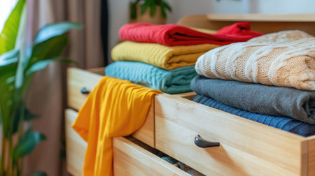 Elegant dresser with open storage drawers, showcasing neatly folded clothes in a cozy bedroom.の素材