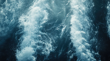 High-speed yacht moving through ocean waves, creating white foam trails.の素材