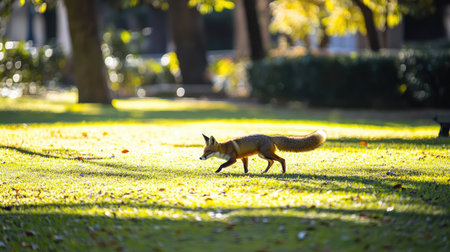 Park lawn with a curious fox exploring the area, tail raised, natural beauty.の素材