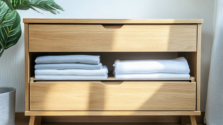 Modern wooden storage drawer, neatly organized compartments, minimalist home interior, clean design.の素材