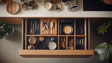 Open drawer in a modern kitchen island, showcasing neatly organized utensils and gadgets.の素材