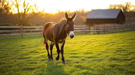 Open farmland with donkeys walking on a soft grass lawn, wooden barn and fence nearby.の素材