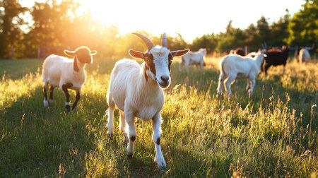 Open countryside with a group of goats walking across the grass, warm golden hour light.の素材