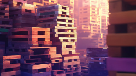 Stacks of wooden pallets filled with goods prepared for shipment.の素材