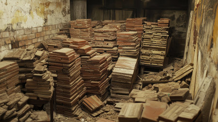A storage area with stacks of ceramic bricks for architectural use.の素材