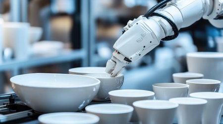 Ceramic manufacturing process with automated robotic arms glazing products.の素材