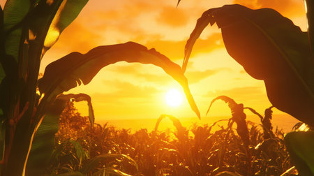 A gentle breeze moving through lush green corn plants under a vibrant sunset sky.の素材