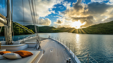 Elegant catamaran-style yacht anchored near a scenic bay, warm sunlight bathing the deck.の素材