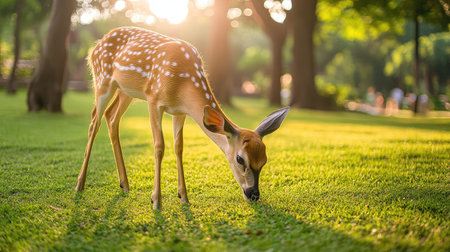 Green lawn with grazing deer, peaceful natural scenery, soft sunlight, trees in the background.の素材