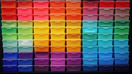 Stackable plastic storage drawers, neatly labeled and arranged for efficient space use.の素材