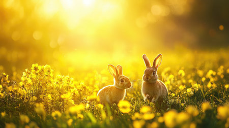 Soft green lawn with a pair of rabbits walking near blooming flowers, peaceful scene.の素材