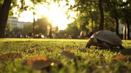 Sunny park with a turtle walking slowly across the grass, surrounded by fresh leaves.の素材