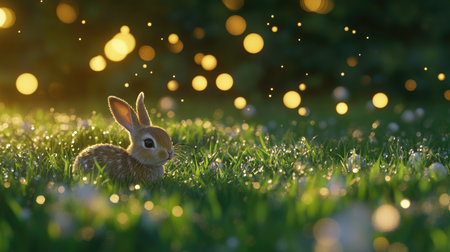 Wide open grassy field with a small group of rabbits hopping around, fresh morning dew.の素材