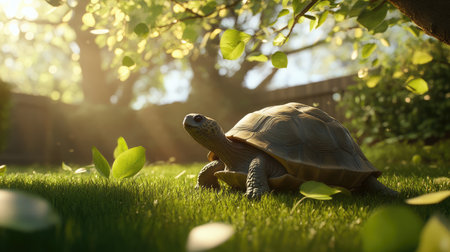 Sunny park with a turtle walking slowly across the grass, surrounded by fresh leaves.の素材