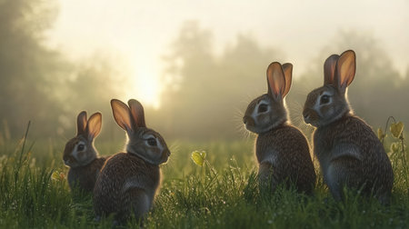 Wide open grassy field with a small group of rabbits hopping around, fresh morning dew.の素材
