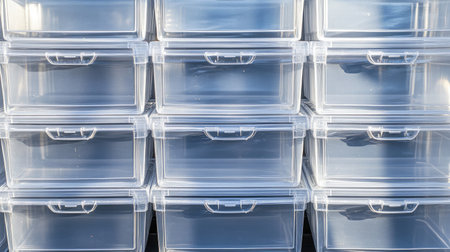Transparent plastic storage drawers stacked neatly, perfect for home organization.の素材