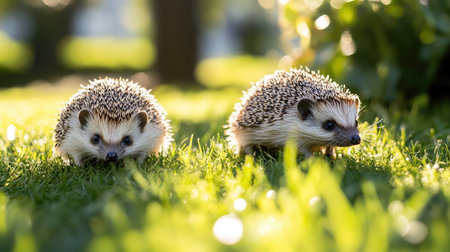 Wide grassy lawn with small hedgehogs walking through the fresh grass, soft sunlight.の素材
