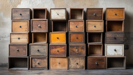 Vintage wooden storage drawers, rustic and stylish, perfect for farmhouse decor.の素材