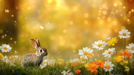 Quiet backyard with a rabbit hopping through tall grass, beautiful flowers blooming nearby.の素材