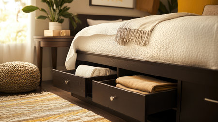 Storage drawers under a modern bed, space-saving furniture in a stylish bedroom.の素材