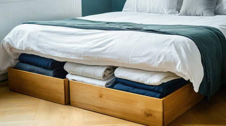 Under-the-bed storage drawers with neatly folded clothes, modern space-saving solution.の素材