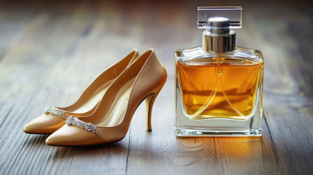 A luxurious pair of high-heels next to a bottle of premium perfume.の素材