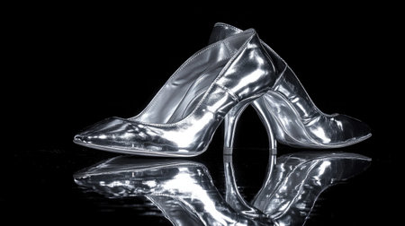 A pair of metallic silver high-heels on a dark reflective surface.の素材