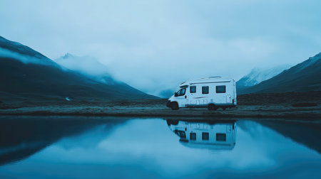 A campervan parked at the edge of a peaceful lake, mist rising in the early morning.の素材