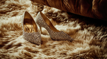 A pair of elegant crystal-embellished high-heels resting on a luxury fur rug.の素材