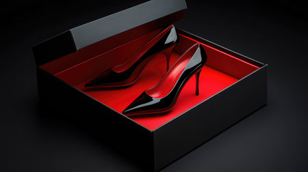 Designer high-heels carefully placed inside an open luxury shoebox.の素材