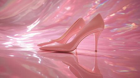 A pair of pastel pink high-heels on a dreamy, softly lit background.の素材