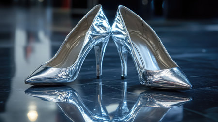 A pair of metallic silver high-heels on a dark reflective surface.の素材