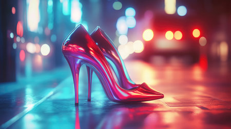A pair of neon-colored high-heels on a futuristic, glowing background.の素材