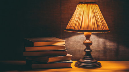 A well-lit reading corner with two books stacked beside a glowing vintage lamp.の素材