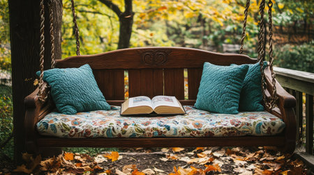 A cozy swing bench with two books resting on it, autumn leaves surrounding the space.の素材