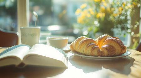 Two books open on a breakfast table with fresh croissants and morning sunlight.の素材