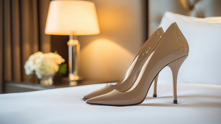 Elegant strappy high-heels positioned on a luxurious hotel bed.の素材