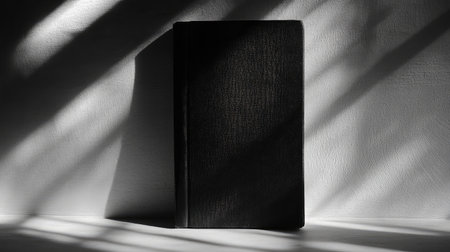 A book standing upright with soft shadows on a white surface.の素材