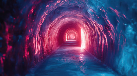 A glowing ice tunnel with smooth, frozen walls reflecting vibrant festival colors.の素材